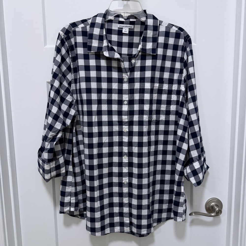 Amazon Essentials Womens XXL Navy Blue White Gingham Cotton Button Up Shirt